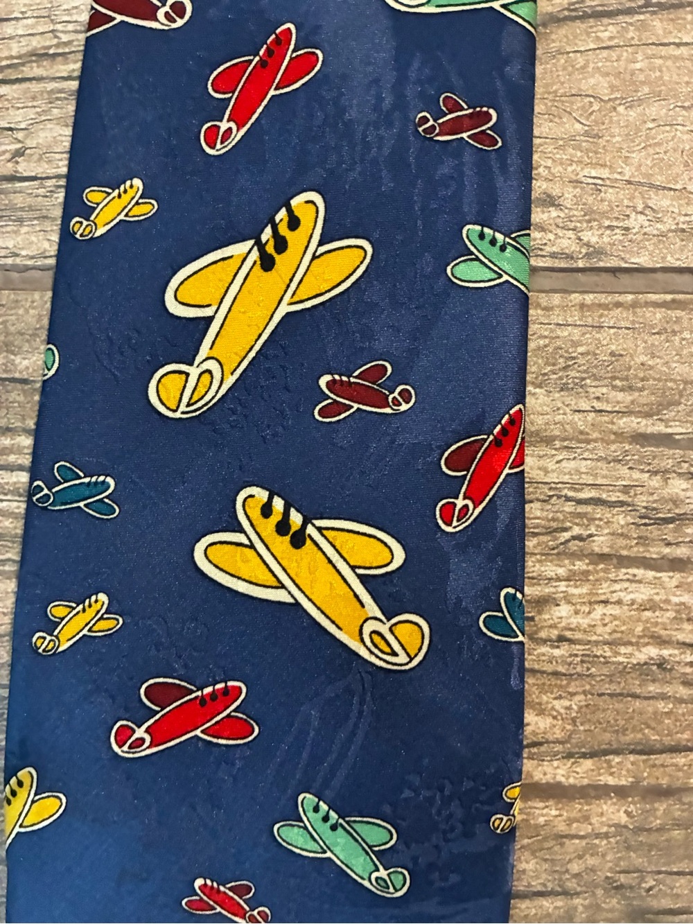 Mens Airplane Pattern Blue Tie - Yellow, Red, Green Plane Design